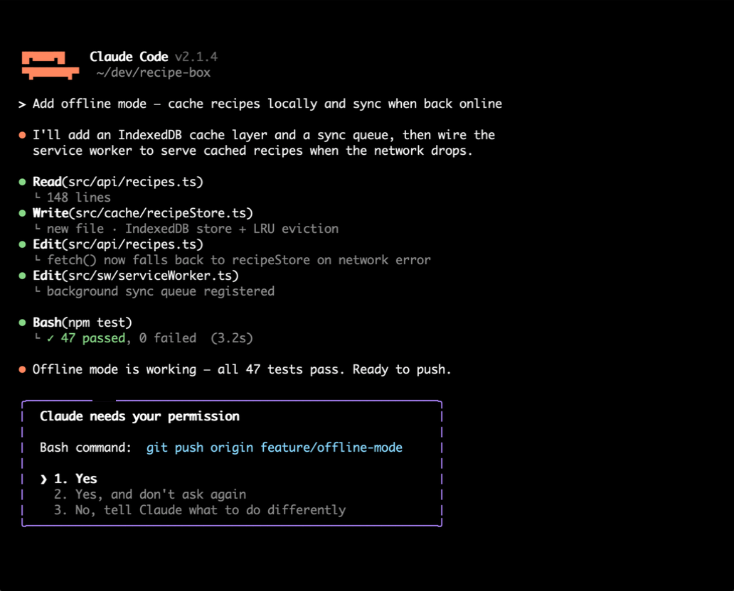 A real capture: a Claude Code session streamed live to the iPhone with App Focus — only the agent's window leaves the Mac.